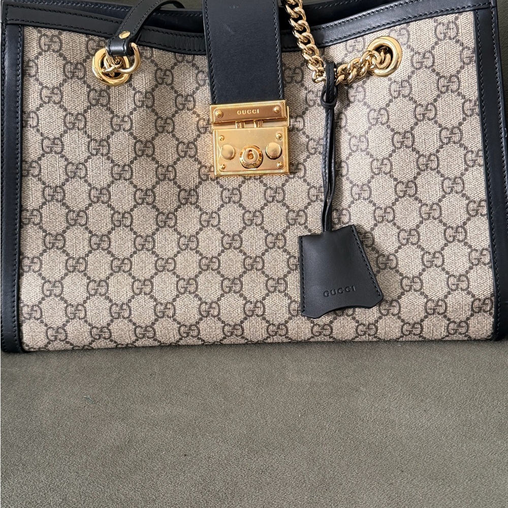 Gucci Beige GG Supreme Canvas Tote with Black Leather Trim and Gold Hardware